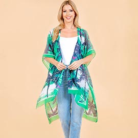Palm Tree Leaf Pattern Open Front Kimono Poncho Wrap
