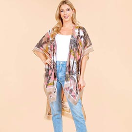 Palm Tree Leaf Pattern Open Front Kimono Poncho Wrap