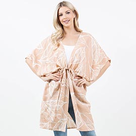 Leaf Print Drawstring Kimono Wrap Poncho
