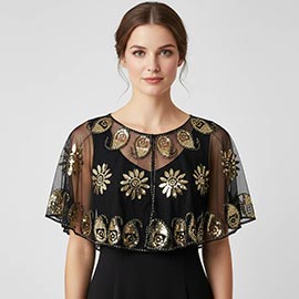 Floral Sequin Embellished Sheer Cape Shawl Top