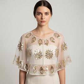 Floral Sequin Embellished Sheer Cape Shawl Top